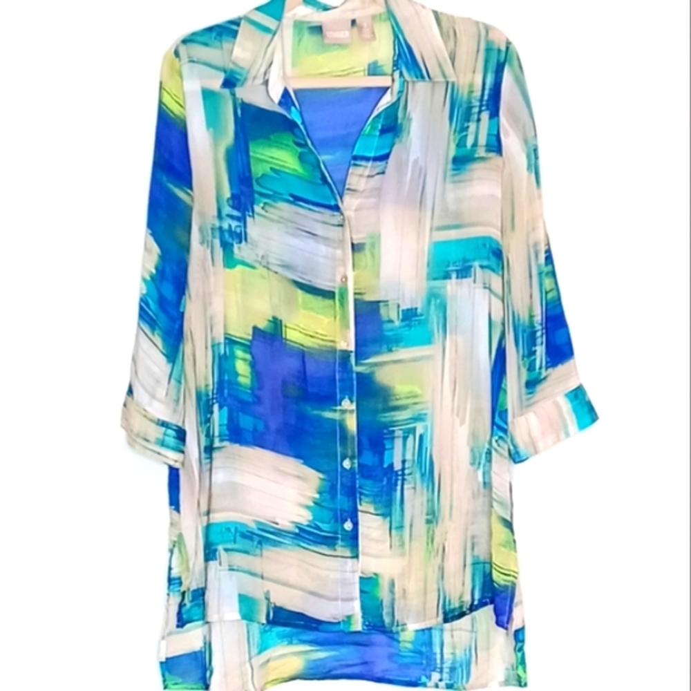 Chico's Multi-Colored Semi-Sheer Abstract High Low Hem Button Down Top S…